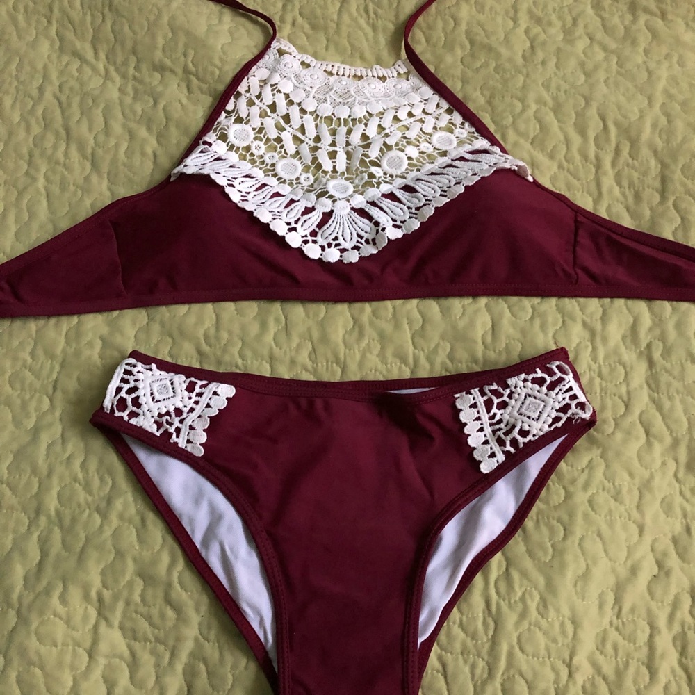 Burgundy bathing suit with crochet details